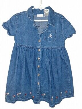 Girls Atlanta Braves Chambray Denim Button Front Dress Embroidered Floral Size 5